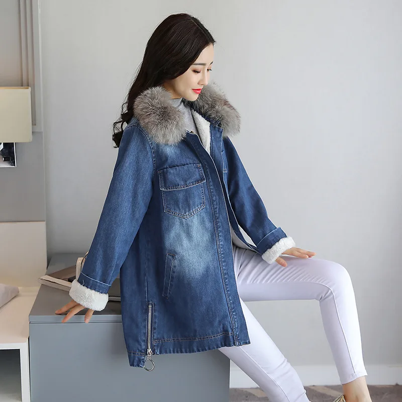 

2019 Autumn & Winter New Style Korean-style Mid-length Brushed And Thick Fur Collar Jeans Coat Women's Loose-Fit Lambs Wool Cott