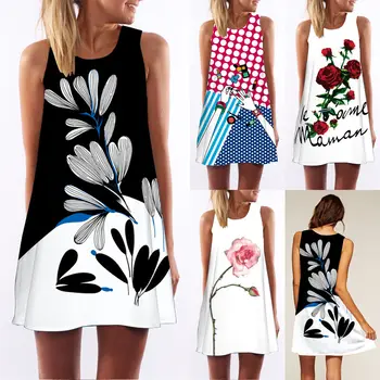 

Womens Summer Pullover Loose Floral Printed Fashion Vest Short Dress T-shirt Sleeveless Evening Party Sundress