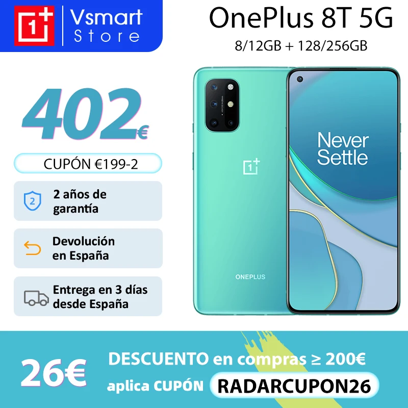 OnePlus 8T 8 T 8GB 128GB Global Rom Snapdragon 865 5G Smartphone 120Hz AMOLED Pantalla fluida 48MP Quad Cam 4500mAh 65W Warp;código:RADARCUPON26 (200€-26€)05ESOW20(€150-20)