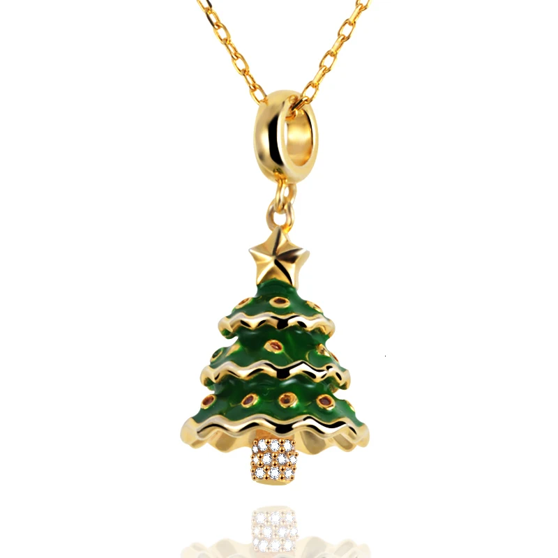 XiaoJing 925 Sterling silver gold Christmas tree pendant chain green enamel necklace for Women fine Christmas Jewelry gift