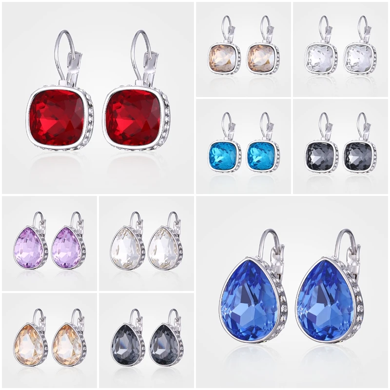 MAIKALE, классические, красные, синие, австрийские кристаллы, висячие серьги, сердце/квадратные стеклянные серебряные серьги для женщин, вечерние ювелирные изделия, женские подарки