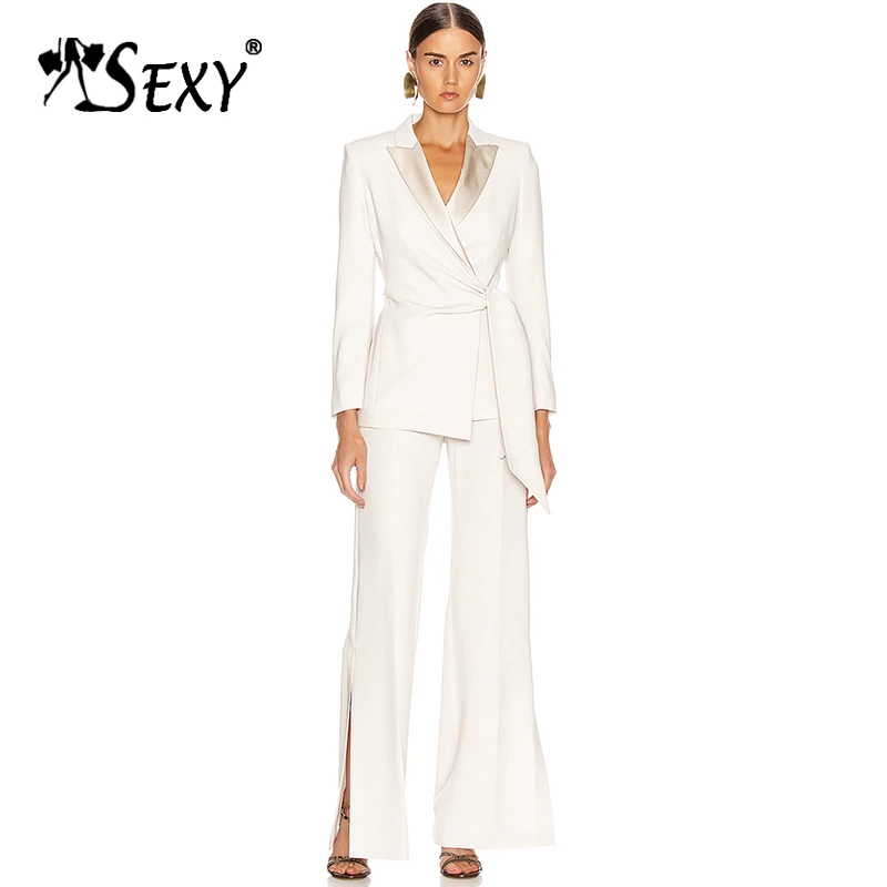 

Gosexy Office Lady 2-Piece Set Suits V Neck Full Sleeve Wrap Belt Blazer Split Wide Leg Pant Suits 2019 New Fashion Pantsuits