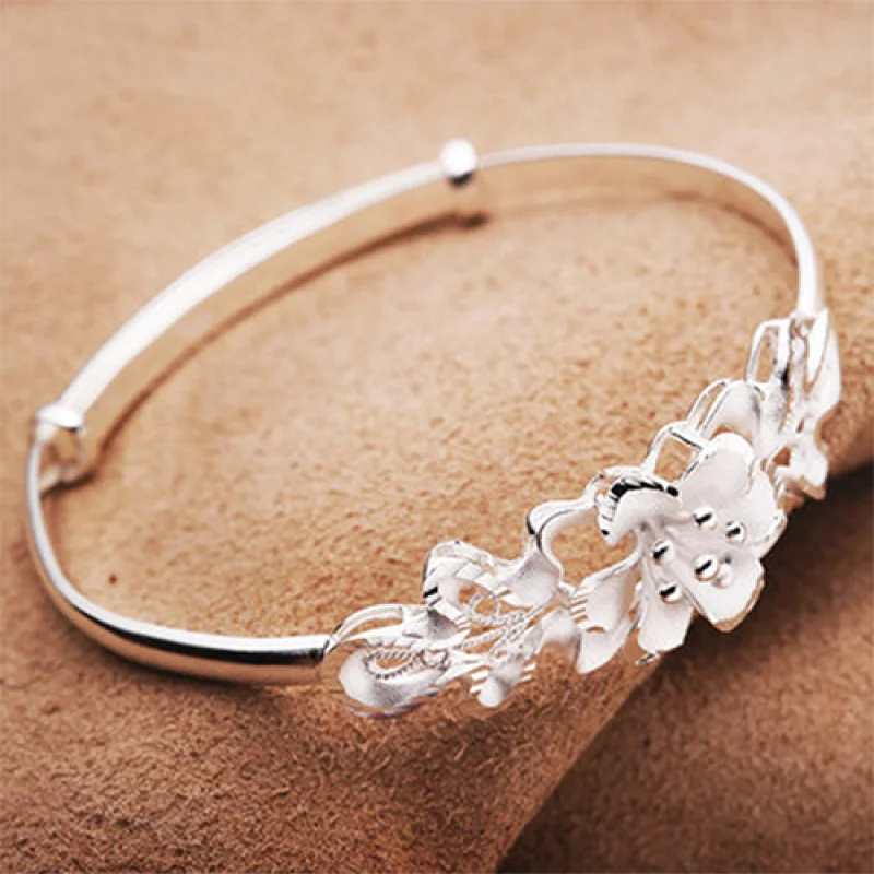 Fashion 925 Sterling Silver Woman Cuff Bracelet Adjustable Flower Lucky Bangle Retro Bridesmaid Jewelry Charm Gifts - Image 3