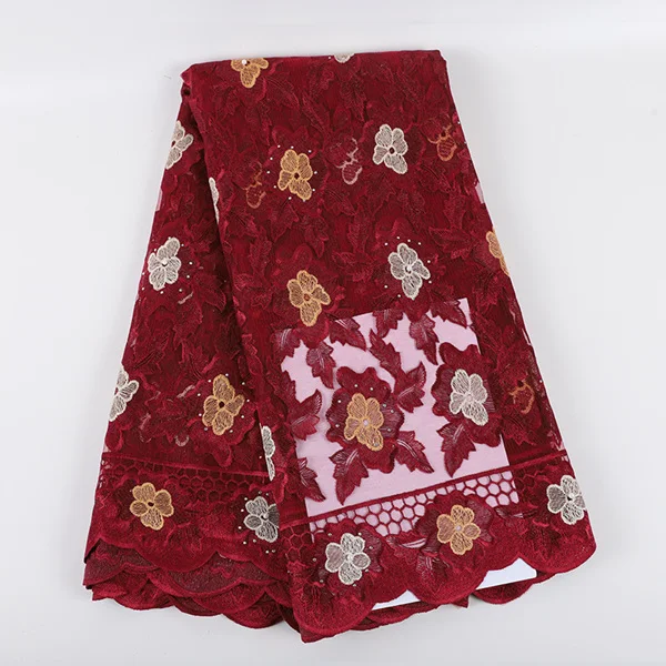 burgundy Best Selling African Tulle Lace Fabrics With Stones Embroidery High Quality Nigerian Voile Lace Fabric With Beads DIY Dress - Цвет: burgundy