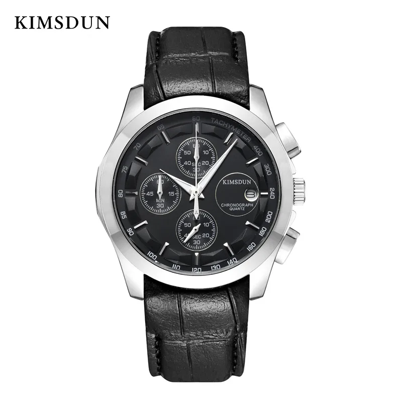 Black Silver Black KIMSDUN TEND, топ бренд, роскошные модные повседневные кварцевые мужские часы с кожаным ремешком, мужские наручные часы, часы для мужчин - Цвет: Black Silver Black