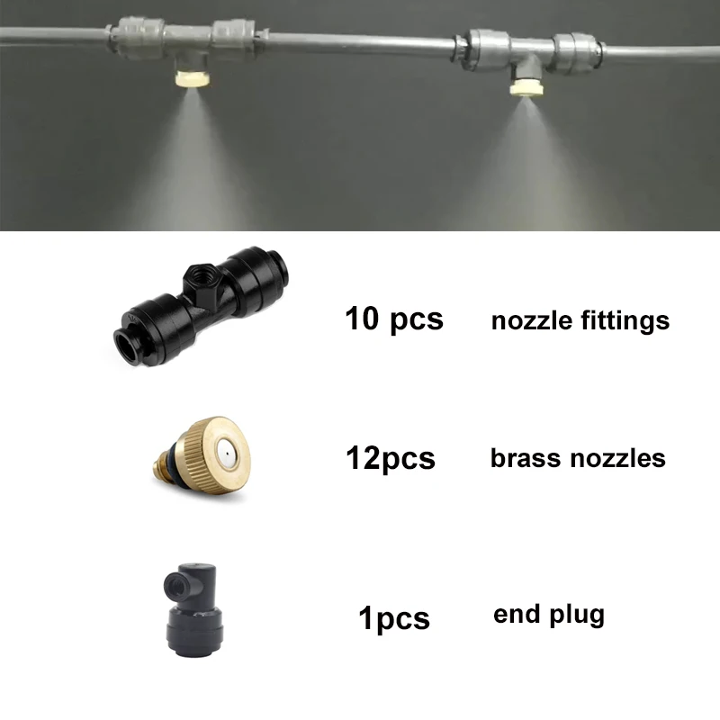 DIY Misting Kit 12pcs Brass Nozzles Kits 10pcs Nozzle Black Holder 1pcs End Plug for Misting Cooling System