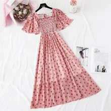 

2021 Summer Polka Dot Print Chiffon Dress Sweet Short sleeve Ruffle Midi Dress Women Bohemia Elegant Pink PartySlim waist dress