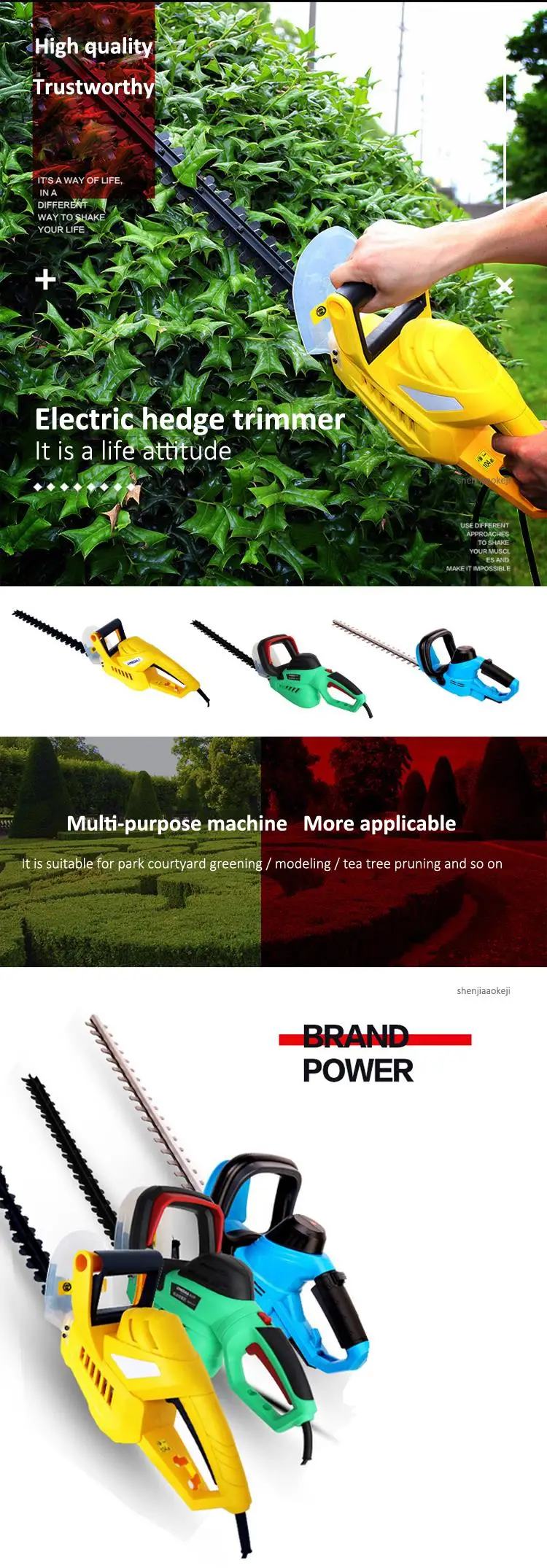 Electric Hedge Trimmer Household Pruning Machine Branch Fence Tree Leaf Trimming Machine 3-power Optional 450W/600W/650W 220V