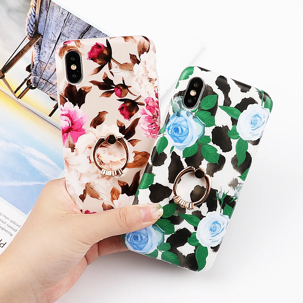 

LOVECOM Vintage Flower Cases For iPhone XS Max XR 6 6S 7 8 Plus Finger Ring Shockproof Matte Soft IMD Phone Back Cover Gift