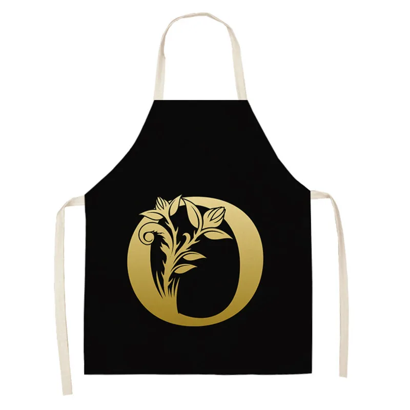 Letter Apron for Women Cotton Linen Bibs Household Cleaning Pinafore Black Golden Flower Kitchen Aprons Home Cooking Kid Aprons