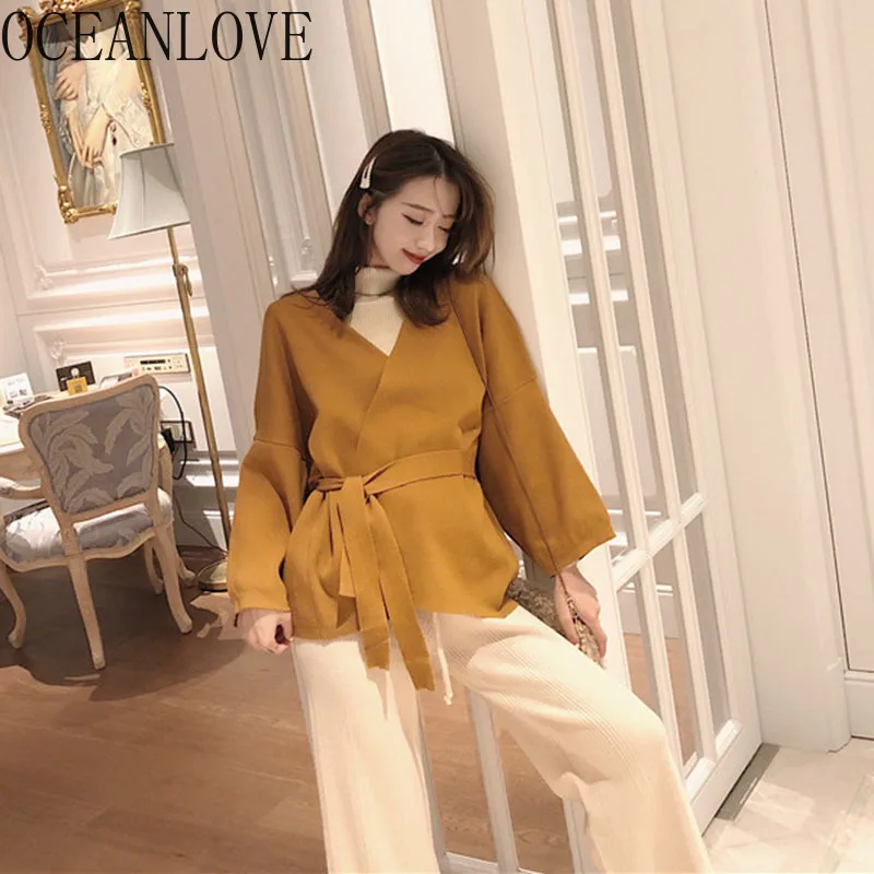 

OCEANLOVE Solid Lace Up Cardigans Autumn Winter Warm Office Lady Fashion Women Sweaters All Match V Neck Chaqueta Mujer 13360