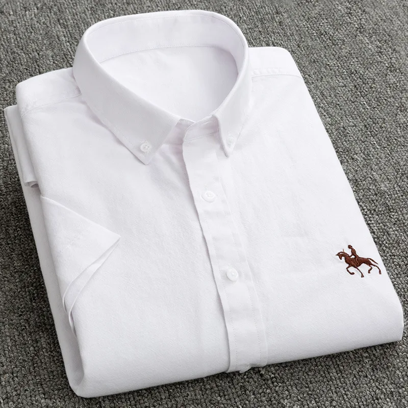 Summer 100% Cotton Oxford Men's Short Sleeve Embroidered Horse Casual Solid Dress Shirts Plus Size 5XL 6XL cotton shirt men casual shirt