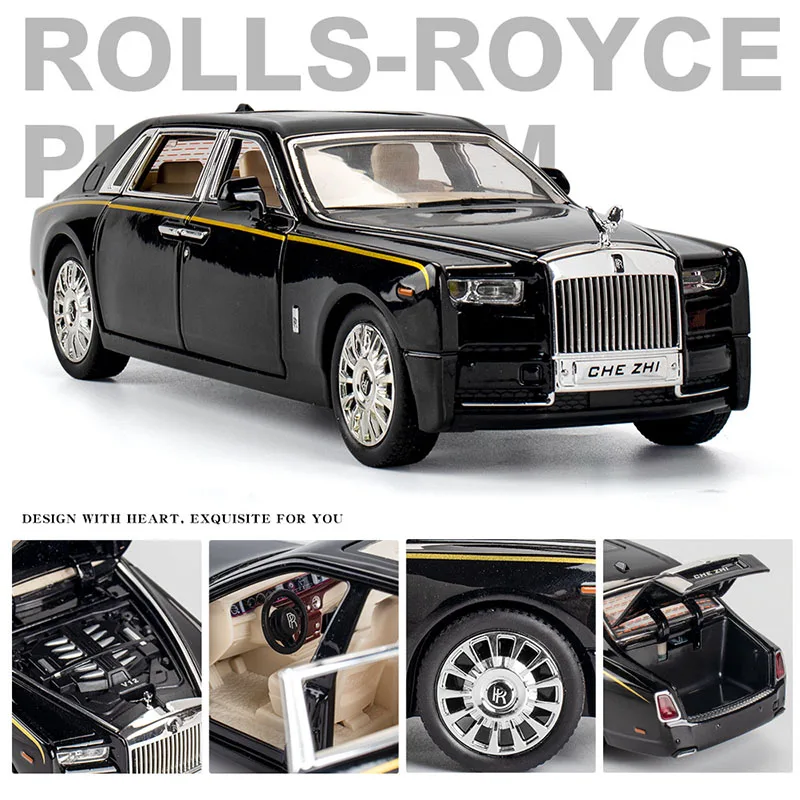 1:24 Rolls-Royce Phantom Metal Diecast Model Car Toy Sound&Light Black With Box 