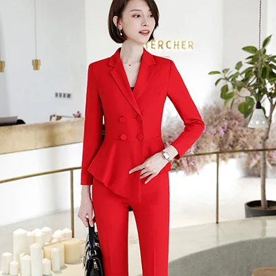 Red Pant Suits Женский элегантный брючный костюм для работы, деловой костюм, винный двубортный блейзер с рюшами и брюки, комплект из 2 предметов - Цвет: Red Pant Suits