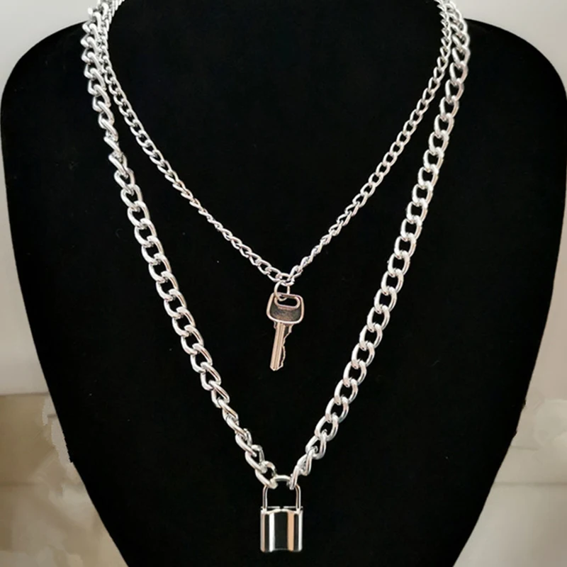 

2020 Goth Padlock Double Lock Chain Necklace Women Men Punk Choker Lock Pendant Necklace Emo Gothic Grunge Jewelry Sweater Chain
