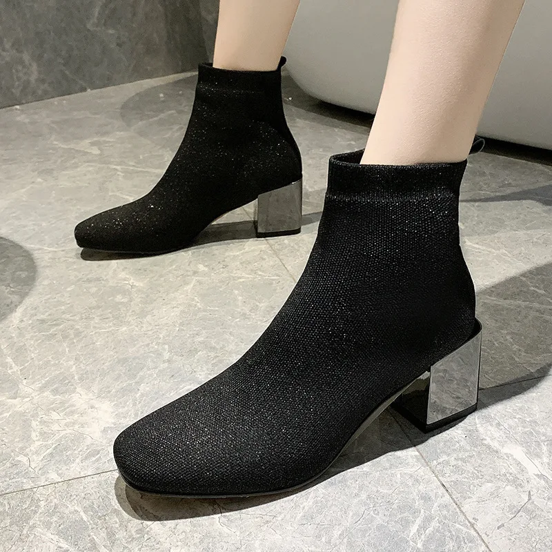 

Square Head Elasticity Socks Boots Women's 2019 Autumn New Style Chunky-Heel Short Boots INS Online Celebrity Thin Semi-high Hee