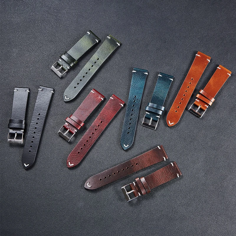 Handmade Watchband Watch-Accessories Brown 18mm 20mm Blue Black Vintage 22mm 6-Colors