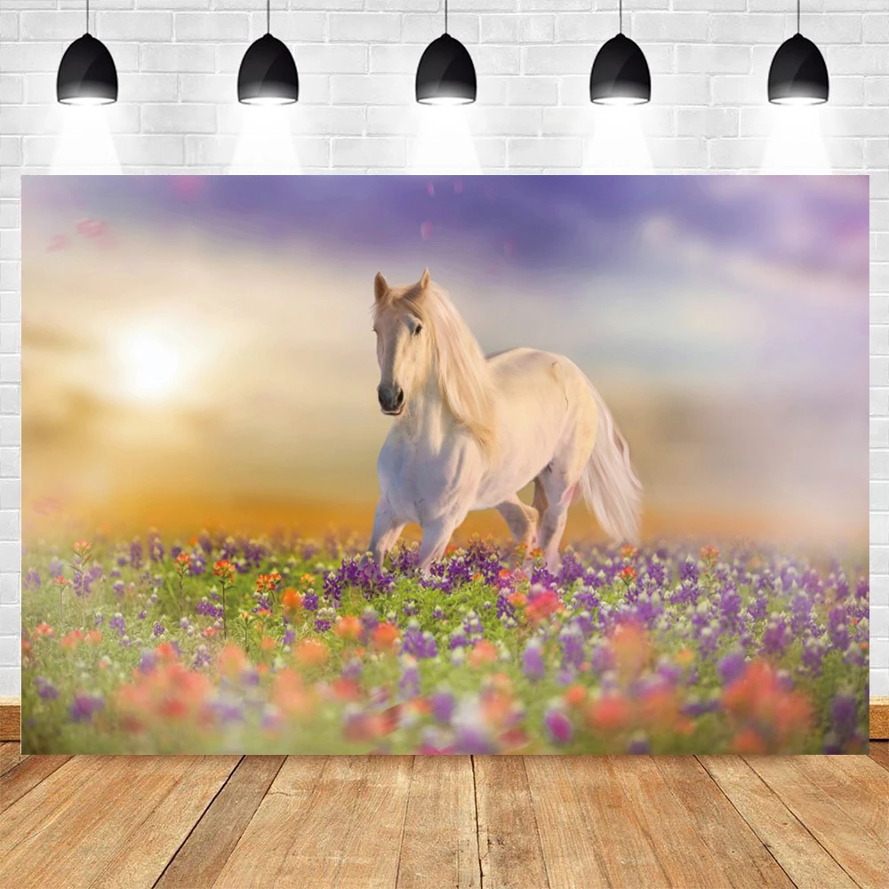 

Grassland Landscape White Horse Baby Photography Background Sky Colored Clouds Sunset Flower Backdrop For Photo Studio Shoot