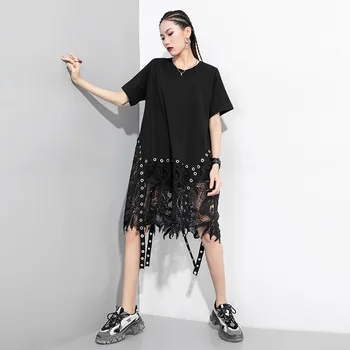 

Short Sleeves Female 98CM Chest New Arrivals 2020 Summer O Neck Loose Dress Cool Lace Stretch Irregular Dresses For Women