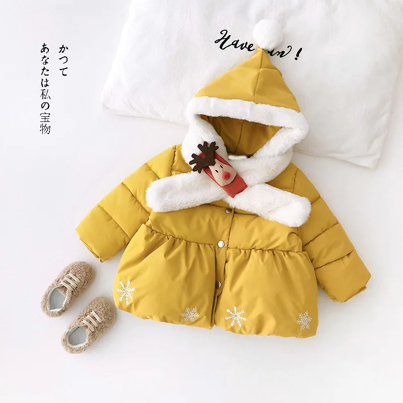 Детские Зимние пальто, куртки из хлопка для девочек; плотная детская теплая верхняя одежда с капюшоном с героями мультфильмов для младенцев, пальто-парка+ шарф - Цвет: Цвет: желтый