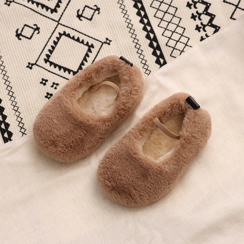

Baby Girls Flats Rabbit Fur Nice Quality Plush Lining Winter Warm Home Shoes Slip on Loafers Elastic Band Anti-slip Color Color