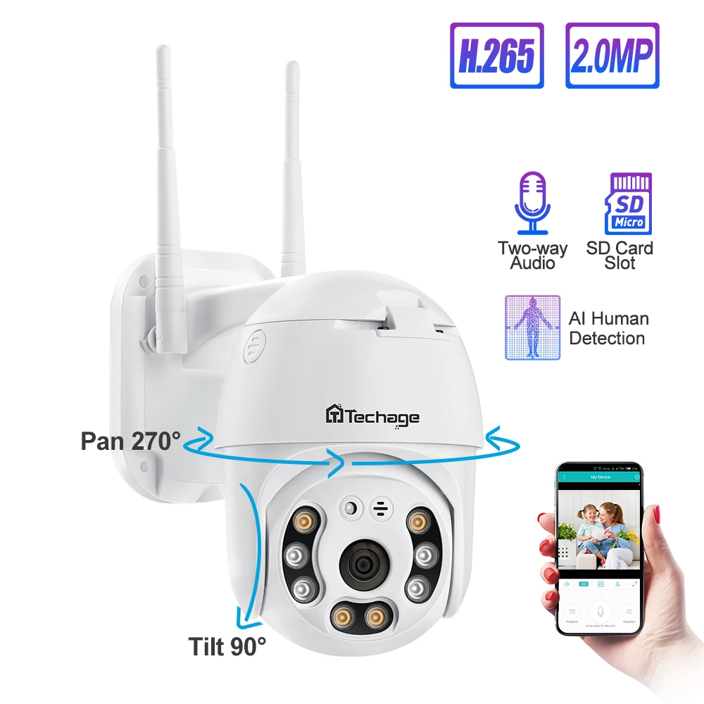Techage 1080P HD H.265 Водонепроницаемая WiFi камера с оповещением о движении двойная