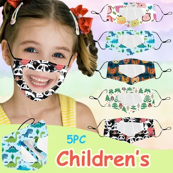 

5pc Children Face Mask Outdoor Fabric Facial Mask With Clear Window Visible Expression For Deaf Mute Mascarillas Маски#YL5