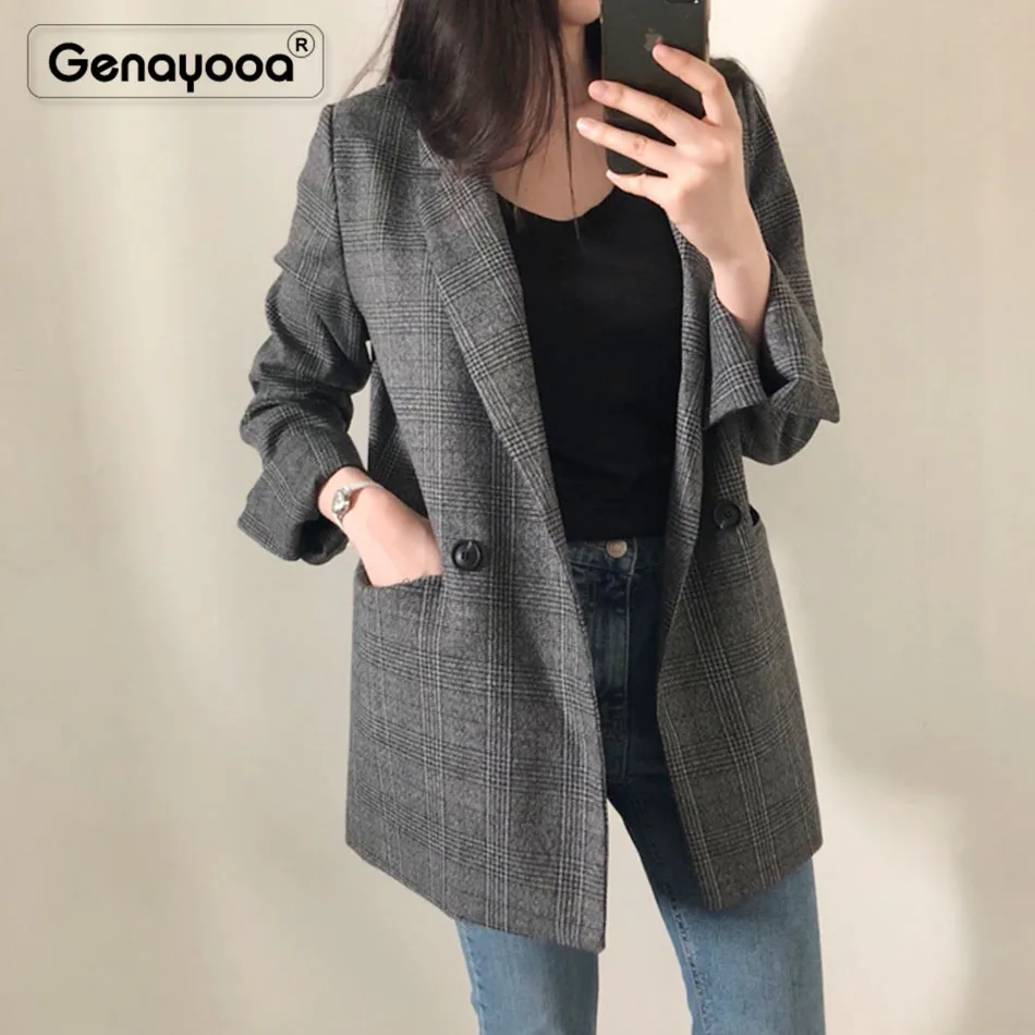 Genayooa Plaid Blazer Women Long Sleeve Blazer In Women Blazers And Jackets Plus Size 5XL Vintage Office Ladies Blazer Feminino