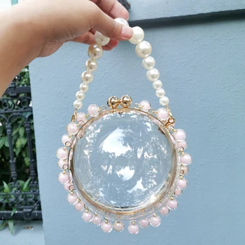 

Ladies Pearls Beaded Clear Circular Evening Bag Women Luxury Diamonds Clutch Purse Female Chic Small Round Handbag Party Bag