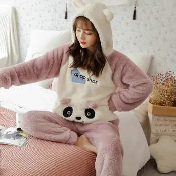 

Winter Women Thicken Warm Soft Pajamas Female Flannel Pajamas Set Mujer Long Sleeve Sleepwear for Girls Ladies Hooded Pyjamas