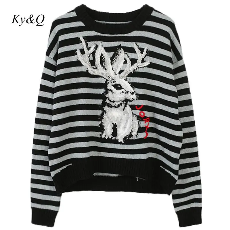 Luxury Winter Women O-neck Color Stripes Cartoon Deer Embroidery Chiristmas Casual Pullover Sweater Brand Designer Jumper