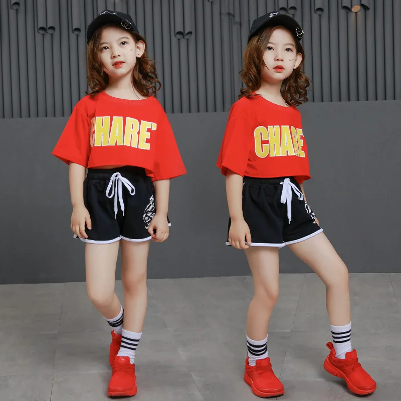 

Summer New Style Childrenswear Cool Girls Beautiful Hip Hop Lettered Short Sleeve Handsome Cool Printed Black Small Shorts Child