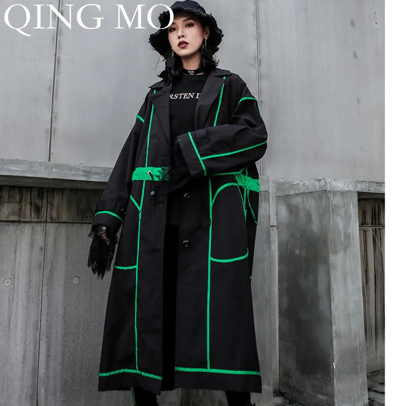 QING MO Patchwork Color Women Coat Spring Autumn Women Wide Waisted Long Coat Streetwear Style Coat Black ZQY1460