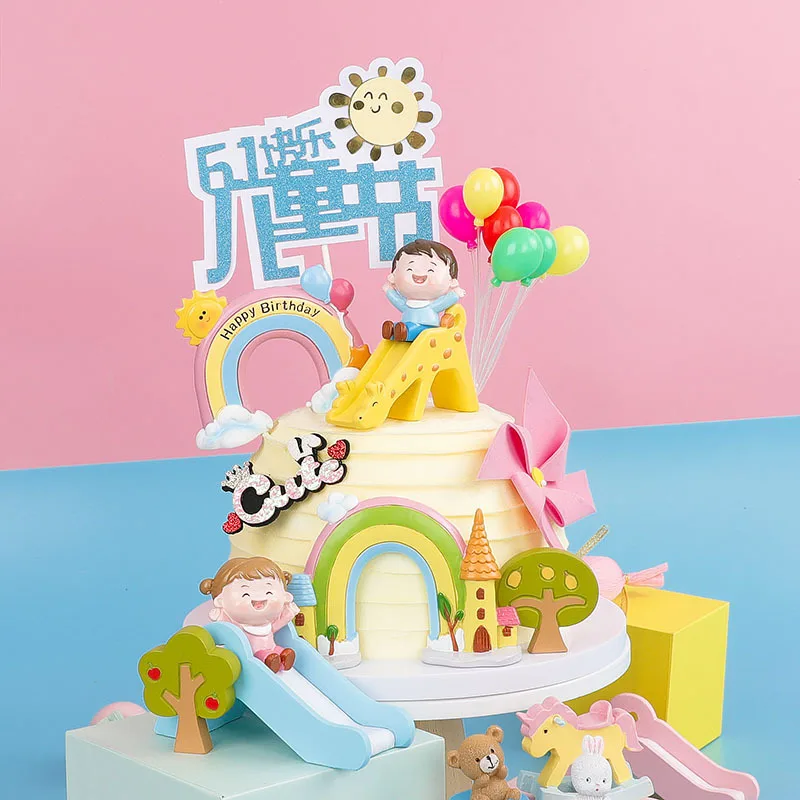 

Airplane Decoration Children's Day Happy Kid Birthday Cake Topper Hot Air Balloon Rainbow Hat Slide Wedding Party Dessert Baking