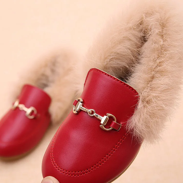 New Kids Shoes Winter Warm Boys Girls Fashion Shoe Black Red Fur Flat Slip On Non-slip Kids Shoes Quality Leather New Hot Shoes