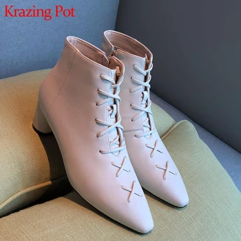 

Krazing pot genuine leather sewing square toe med heels gladiator big size 43 British school wedding sexy party ankle boots l8f1