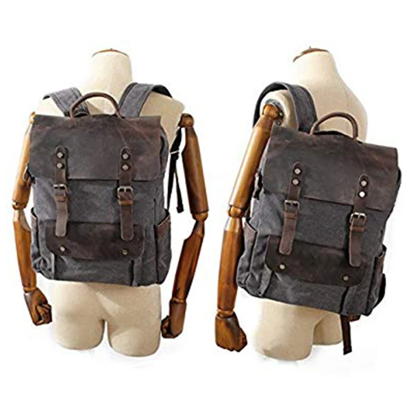 Мужской кожаный холщовый рюкзак, рюкзак для ноутбука, школьный рюкзак для колледжа(темно-серый