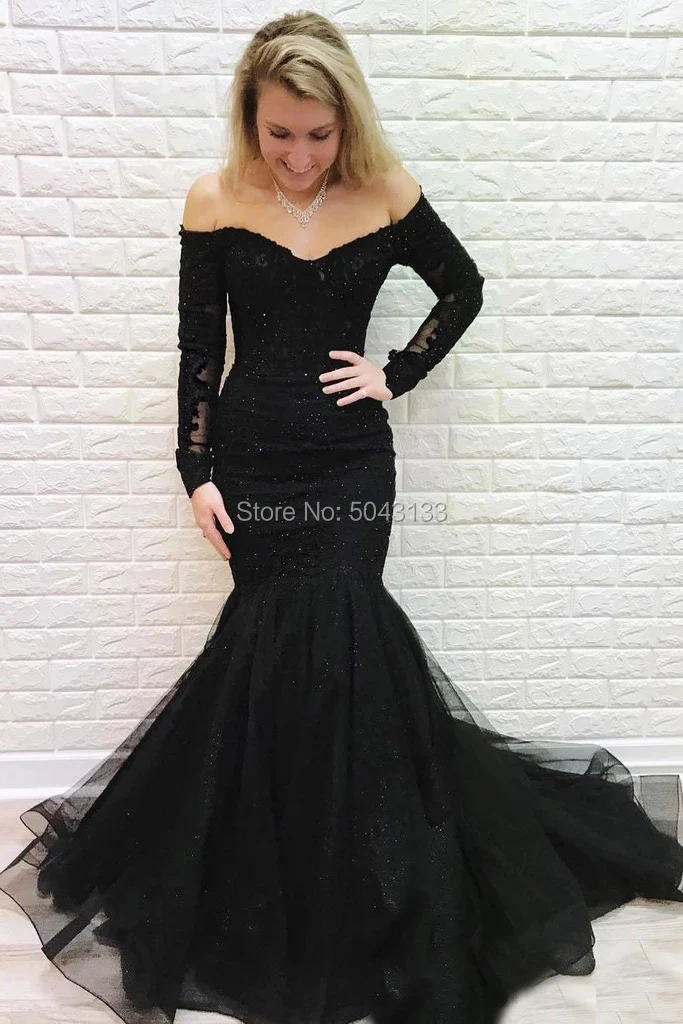 Черные Вечерние платья Русалка vestido de festa с открытыми плечами с длинным рукавом Вечерние платья для выпускного вечера Бисероплетение вечернее платье с кружевной аппликацией