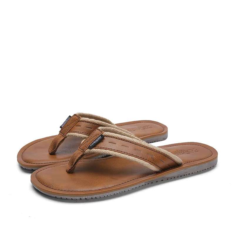 

New Style Summer Men Slippers Comfortable Cowhide Flip Flops Anti-slip Soft-Sole Casual Beach Shoes Men