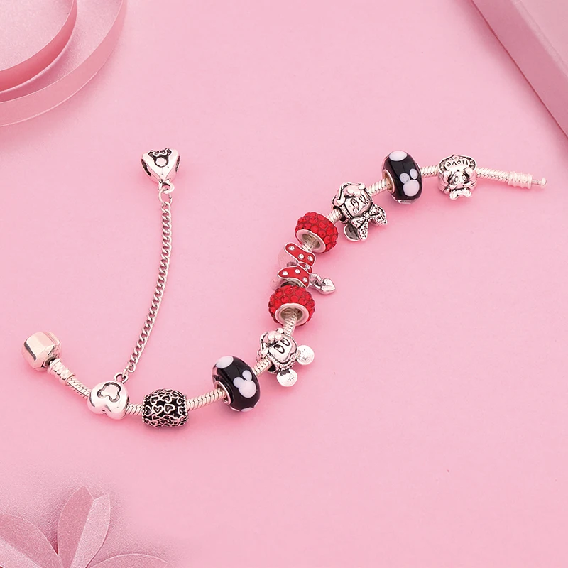 Leabyl New Design Red Crystal Minnie Bowknot Charm Bracelets & Bangles Cartoon Animal Bead Bracelet DIY Jewelry for Child