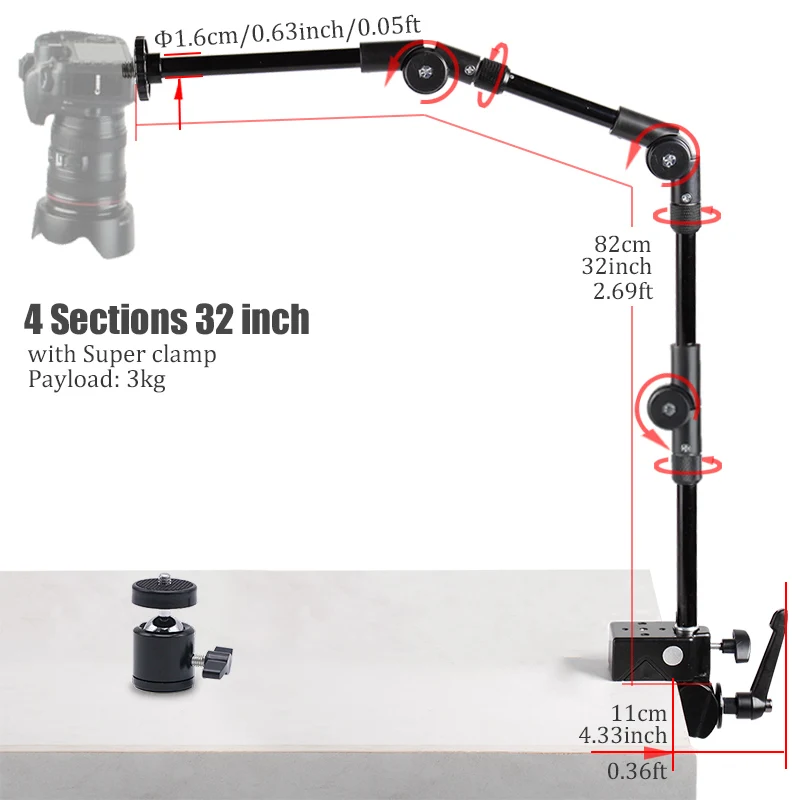 BFOLLOW Heavy Articulated Magic Arm 25" 32" Clamp Mount for DSLR Camera Camcorder Overhead Video Webcam Tablet Phone Bracket phone mount holder camera magic arm desk mount stand