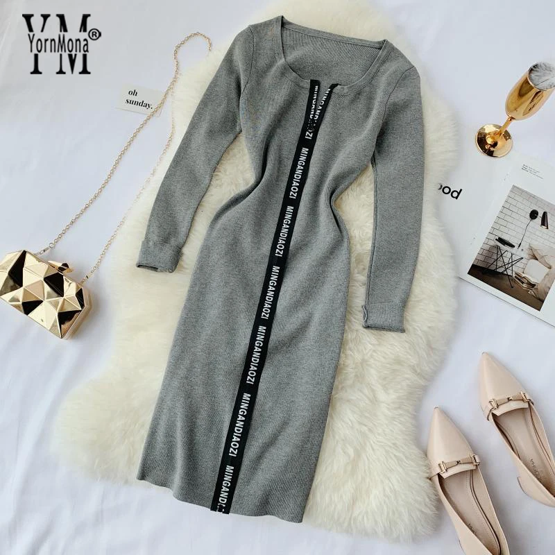 YornMona Women Designer Casual Dress Letter Zipper O-neck Knitted Bodycon Dress Winter Elegant Ladies Office Dress Vestidos