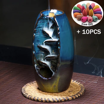 

Ceramic Backflow Waterfall Smoke Incense Burner Mountain River Handicraft Incense Holder Gift Home Decor With 10Cones Free Gift