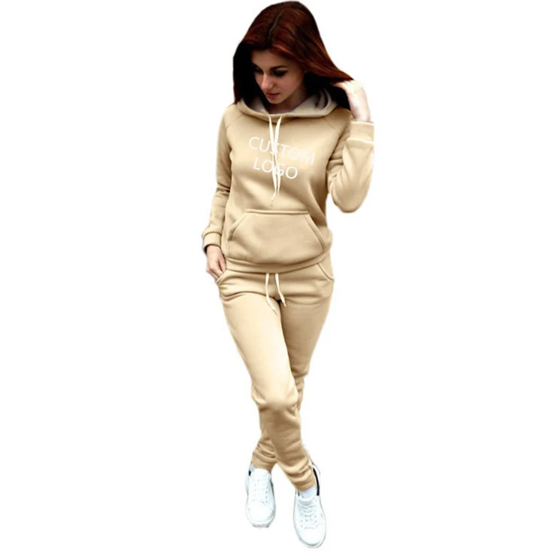 khaki Женский спортивный костюм, комплект из толстовки и штанов размера плюс, спортивная одежда, индивидуальный логотип, осенне-зимний комплект из двух предметов - Цвет: khaki