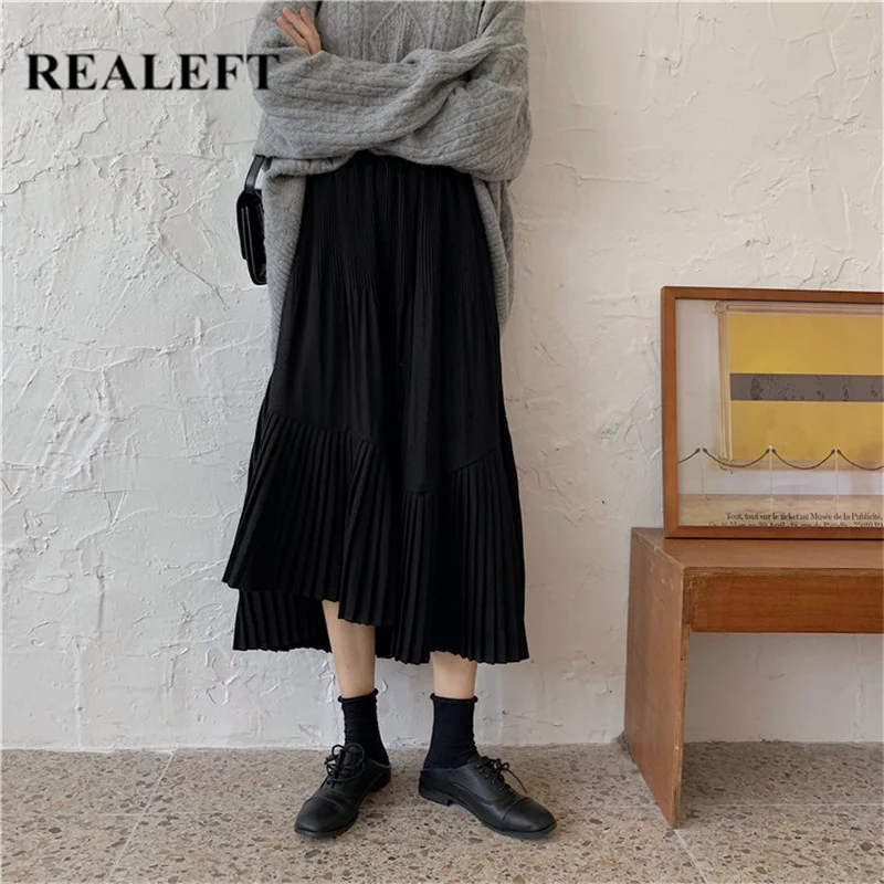 REALEFT, Осень-зима, Женские винтажные длинные плиссированные юбки, повседневные, высокая талия, корейский стиль, тюль, а-силуэт, до середины икры, свободные юбки, Saia