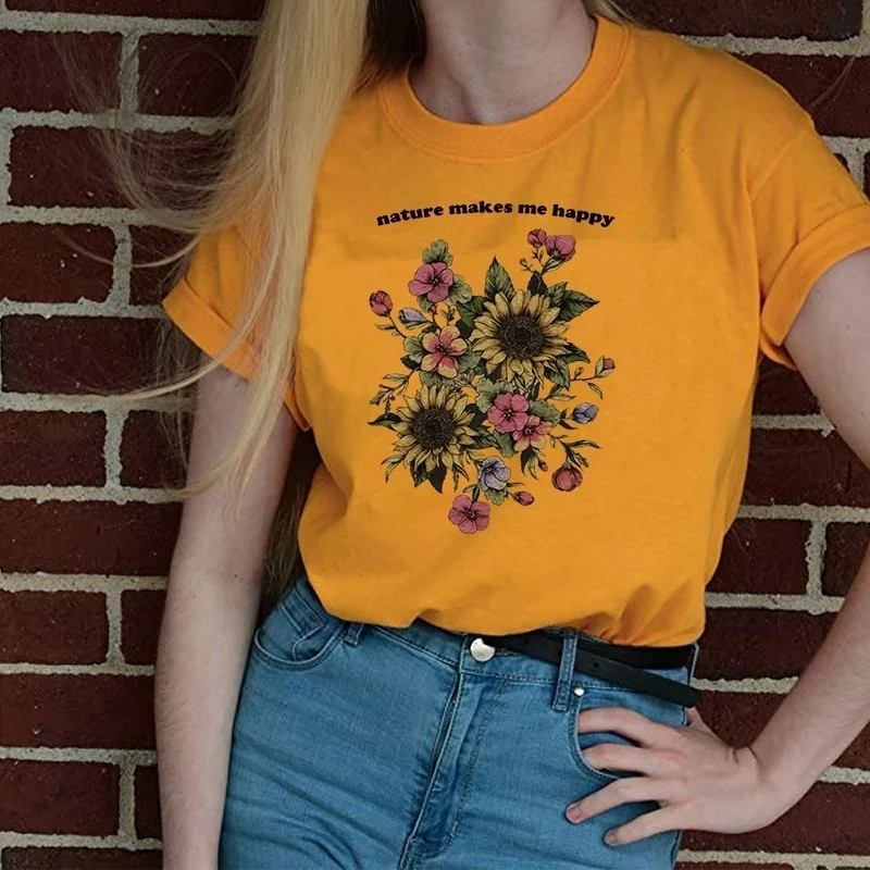 

kuakuayu HJN Nature Makes Me Happy Floral Print T-Shirt Cute Aesthetic Inspirational Sunflower Jeep Lovers Shirt