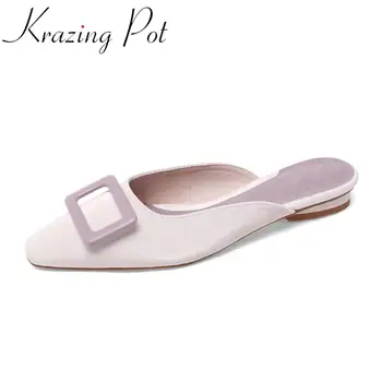 

Krazing pot 2020 mixed colors natural cloth small square toe slip on mules low heels square buckle decorations summer pumps L23