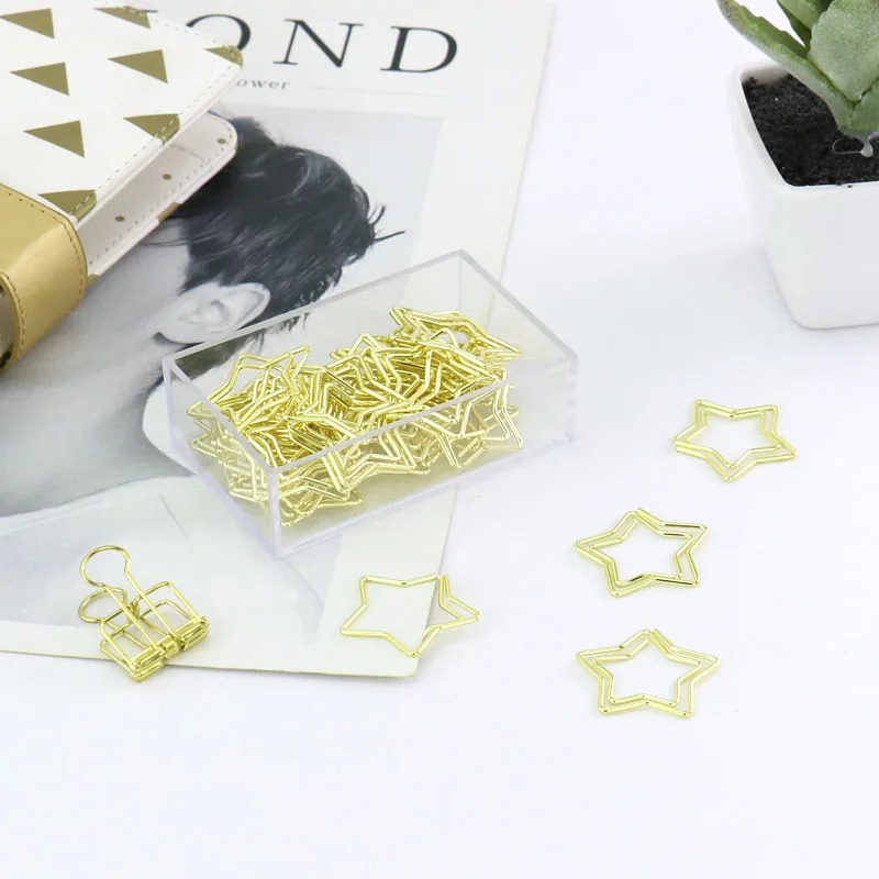30pcs/box Gold Metal Paper Clips Clips Accessories Shape Star Office Memo Bookmarks Fashion School Supplies Stationary