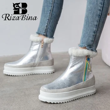 

RIZABINA Women Snow Boots Real Leather Warm Plush Fur High Heel Winter Shoes Woman Fashion Platform Zip Ankle Boot Size 33-43