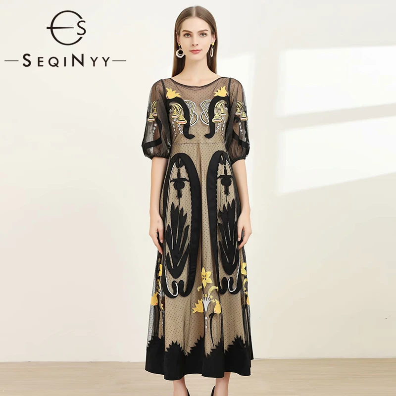 

SEQINYY Black Elegant Dress 2020 Summer Spring New Fashion Design Women Puff Short Sleeve A-line Embroidery Mesh Dot Long Dress